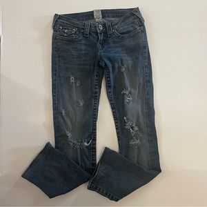True religion low rise bootcut rhinestone distressed jeans size 26 medium wash